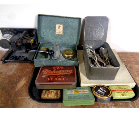 A tray of vintage tins including CWS, Ovaltine, etc part boxed Yardley dressing table set, cutlery 