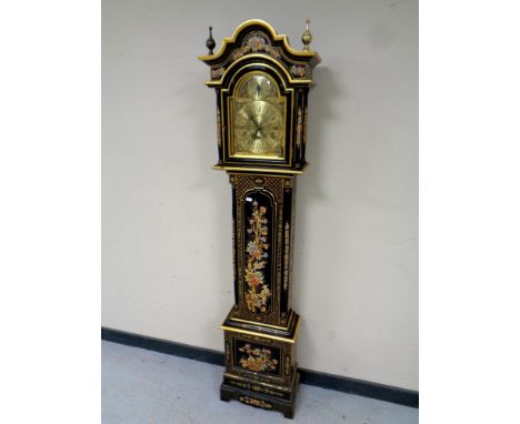 A Portuguese Reguladora black lacquered chinoiserie Westminster and Ave Maria quarter chiming longcase clock, with weight, wi