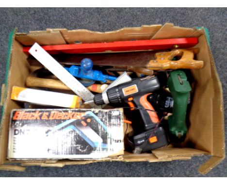 A box of hand and power tools : saws, spirit levels, electric planer, Bosch cordless drill etc 