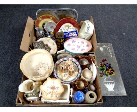 Two boxes containing antique and later ceramics to include tureens, Crown Devon Fieldings planter and comport, Imari patterne