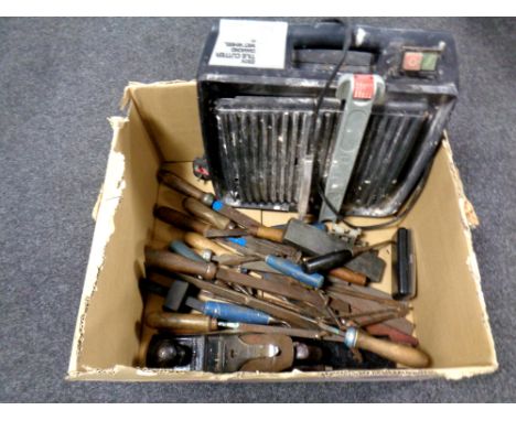 A box containing a Performance tile cutter, together with a quantity of hand tools to include chisels, files, woodworking pla