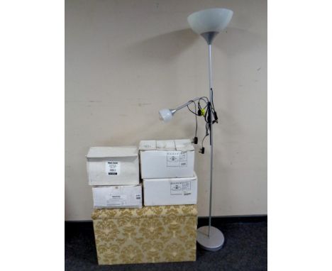 A fabric upholstered blanket box together with an Ikea floor lamp, two Endon light fittings, boxed, together with a Vent Axia