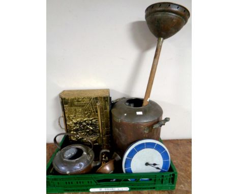 A crate of antique and later metal wares to include 19th century twin handled stock pot, kettle, brass embossed mag rack, pos