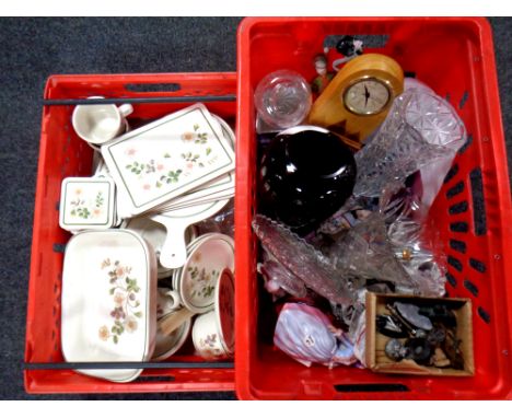 Two crates containing Autumn Leaves tableware and place mats, glassware, contemporary mantel clock, lead figures, miniature b