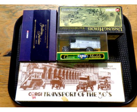 A tray containing die cast vehicles to include Corgi Transport of the 30s box set, Queen Elizabeth II Golden Jubilee open top