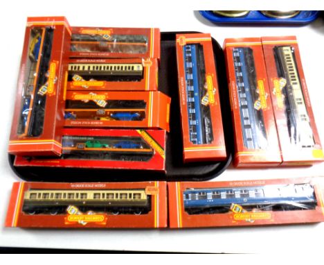 A tray containing Hornby Railways 00 scale coaches and car transporters, boxed (10) 