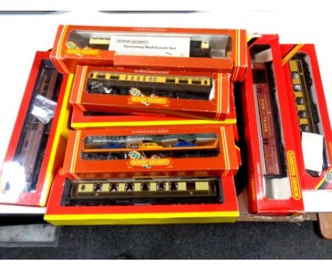 A tray containing Hornby Railways 00 scale, coaches, car transporters, Royal Mail coach, all parts boxed (10) 