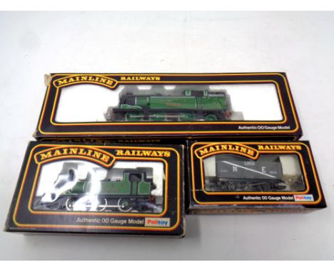 A Mainline Railways 00 gauge scale LNER 9522 locomotive together with a LNER 581 locomotive and a plank wagon, all parts boxe