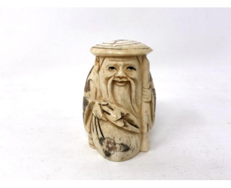 A Chinese carved bone netsuke - village elder with stick 