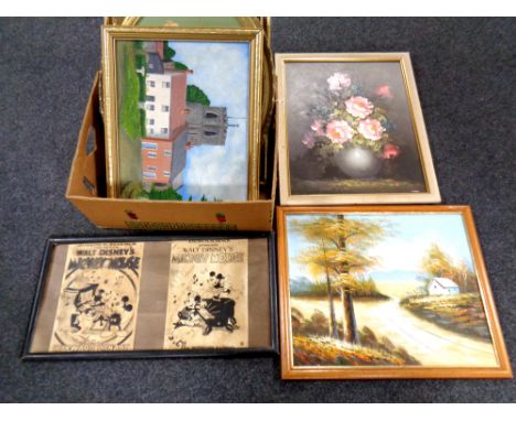 Walt Disney vintage pictures of the Wayward Canary and The Whoopee Party along with a collection of paintings of scenery and 