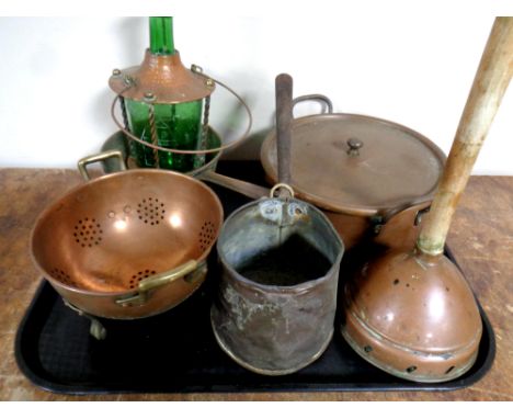 A tray containing antique and later copper wares to include copper and glass lantern, cast iron handled pans, lidded cooking 