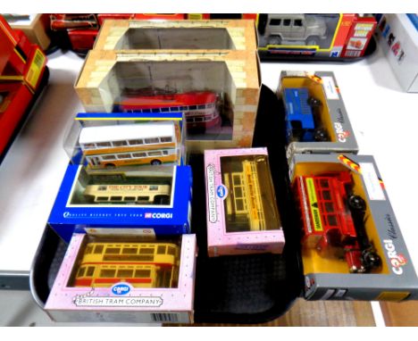 A tray containing Corgi die cast trolley buses, open top buses, all boxed (8) 