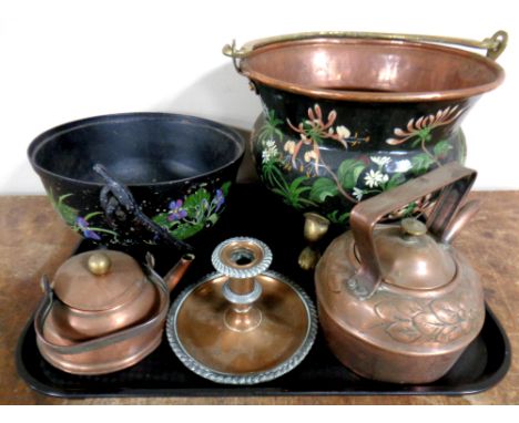 A tray containing antique metal wares to include a 19th century hand painted copper and brass planter on raised feet, a 19th 