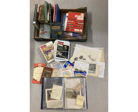 A box of books and mixed ephemera. To include copies of British Philatelic Bulletin, engravings, ordnance survey maps and a c
