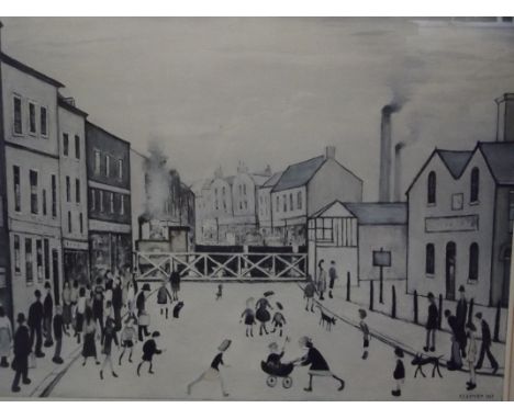 Laurence Stephen Lowry (1887-1976), coloured framed print,    "The Level Crossing, Burton on Trent", FATG blind stamp bottom 