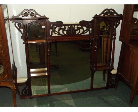 Early 20th century over-mantel mirror, turned supports,art nouveau fretwork, (reconstructed sideboard back)