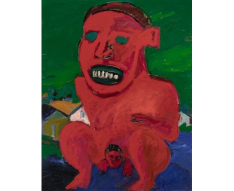 Mexican/American, b. 1950Aztec Goddess Giving Birth, 1986Signed and dated Gil de Montes 86 on the reverseAcrylic on canvas60 