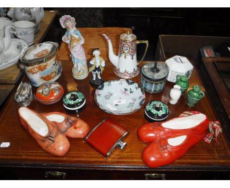 TWO PAIR OF CERAMIC BALLET SHOES, a Wedgwood Peter Rabbit money box and a quantity of decorative ceramics