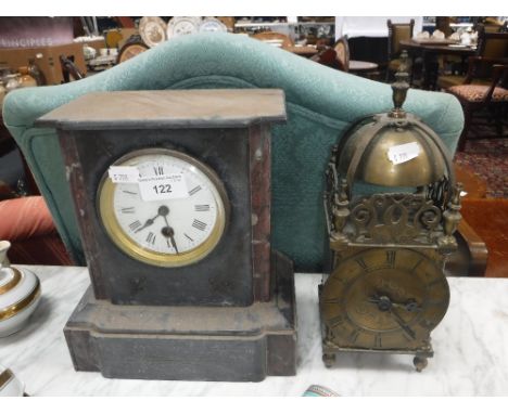 A REPRODUCTION LANTERN CLOCK and a Victorian slate-cased mantel clock