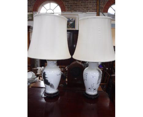 A PAIR OF JAPANESE STYLE CERAMIC TABLE LAMPS, decorated with storks and mountainous scenes
