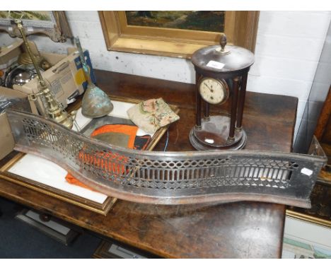 AN EDWARDIAN PILLAR MANTEL CLOCK (pendulum in office), a steel fender, a brass oil lamp and a pen and wash by William Gilpin