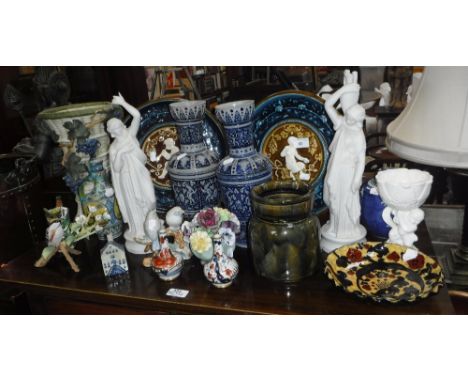 A PAIR OF AUSTRIAN GLAZED CERAMIC WALL PLAQUES, a pair of German glazed stoneware vases and similar decorative ceramics
