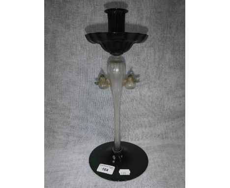 AS MURANO TYPE CANDLESTICK with green base and sconce on clear stem