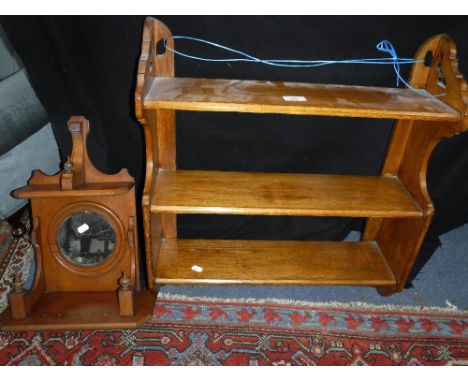 A VICTORIAN LIGHT OAK OPEN WALL SHELF and another similar fitted a mirror