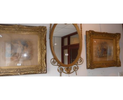 A 19TH CENTURY WATERCOLOUR of three children playing with a hoop and stick , together with its companion, both in gilt frames