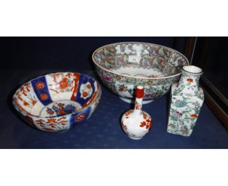 AN ORIENTAL FAMILLE VERTE BOWL, an Imari bowl and two Oriental ceramic vases (4)