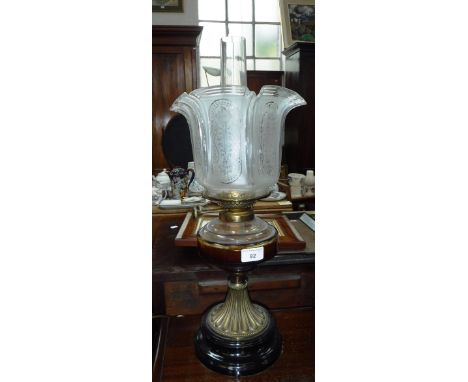 A VICTORIAN OIL LAMP with cut-glass reservoir and original frosted shade