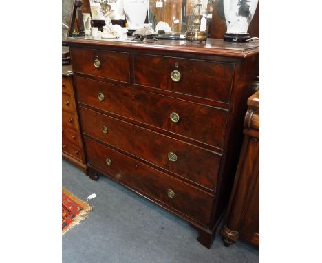 A 19TH CENTURY FIGURED MAHOGANY CHEST OF DRAWERS on bracket feet, 41.5" wide
