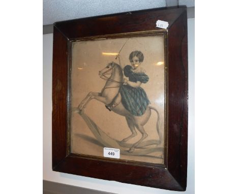 A 19TH CENTURY LITHOGRAPH of a girl on a rocking horse in original rosewood frame