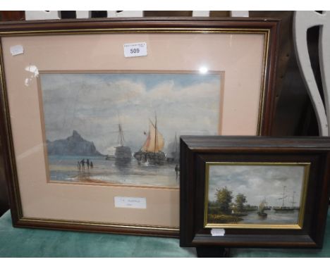 A 19TH CENTURY WATERCOLOUR of a beach scene with boats, the frame inscribed 'C R Macdonald, 1859', together with a small oil 
