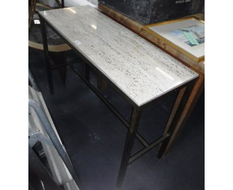 A BRASS FRAMED CONSOLE TABLE with a polished marble top, 39" long