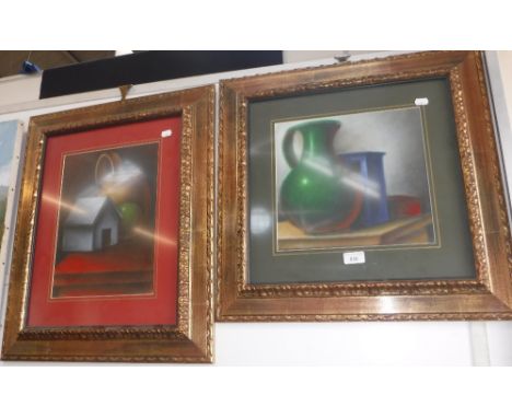 ZEV ROBINSON: 'House Pitcher and Apple', oil on paper and 'Vase and Two Boxes' by the same artist