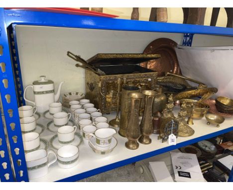 Assorted copper and brass, Spode Persia and Royal Doulton Rondelay coffee sets, etc.