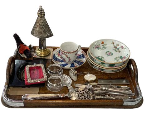 Set of four Chinese saucers, Old Sheffield fish slice, nut crackers, etc.
