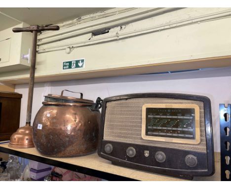 Ekco radio model U143, Copper cauldron with lid, mantel clock, posser and an oak box on feet.