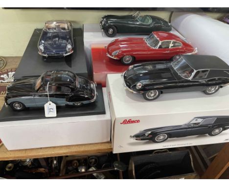 Five model Jaguars including GT Spirit E Type Convertable, and E Type, Schuco E Type Shooting Brake, 12 ART XK120 1953 and NE