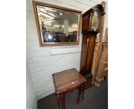 Walnut grandmother clock, nest of three cabriole leg tables and rectangular framed bevelled wall mirror (3).