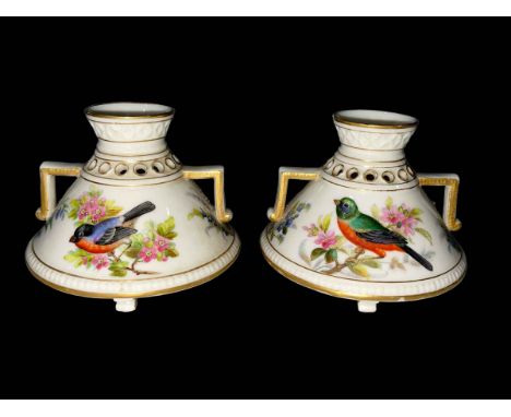 Pair Royal Worcester bird painted vases, 7.5cm.