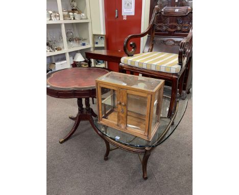 Demi Lune console table, two drawer shaped circular top centre table, scroll arm carver chair, small glazed cabinet and glass