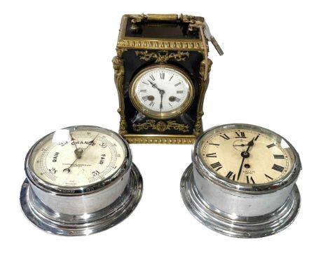 Mantel clock with gilt metal mounts and enamel dial, Smiths Empire bulkhead clock and a bulkhead barometer (3).