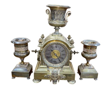Ornate gilt metal three piece garniture clock set, clock 42cm high.