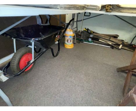 Garden barrow and collection of garden tools, sweeps brushes, etc.