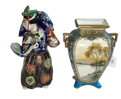 Japanese pottery figure of lady with fan and Noritake vase decorated with Lakes in Landscapes.