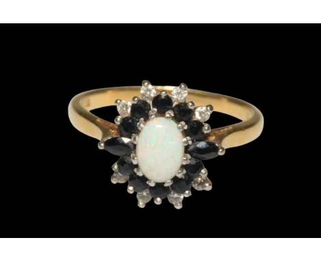 Opal, Sapphire and diamond 18 carat gold cluster ring, size R.