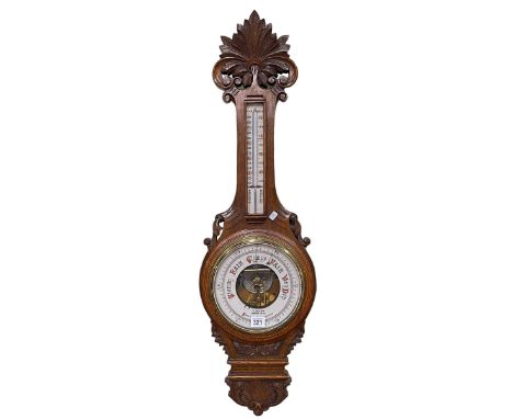 Carved oak aneroid barometer-thermometer, J Jackson, Barnard Castle, 91cm.