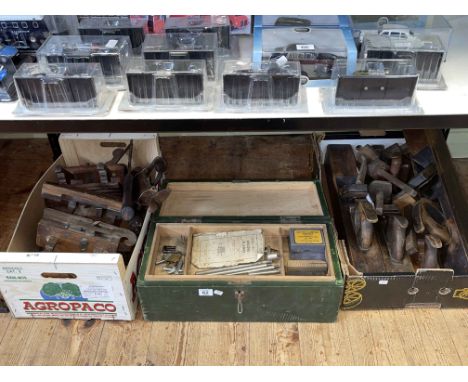 Three boxes of vintage tools including planes.